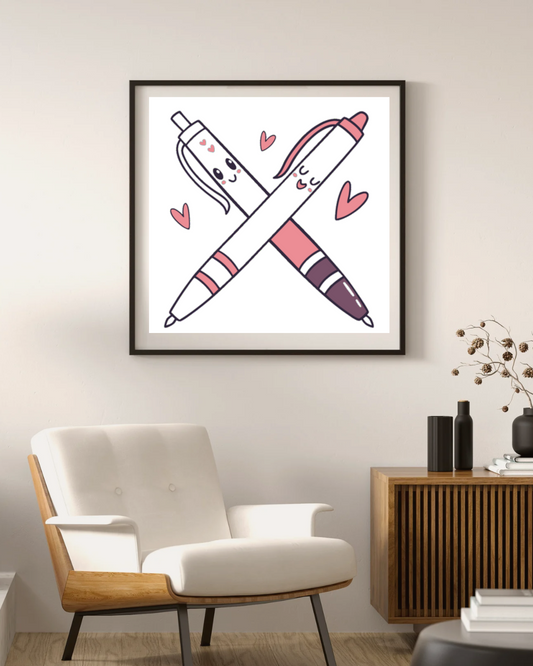 Cadre avec une illustration kawaii de stylos joyeux dans une ambiance amusante