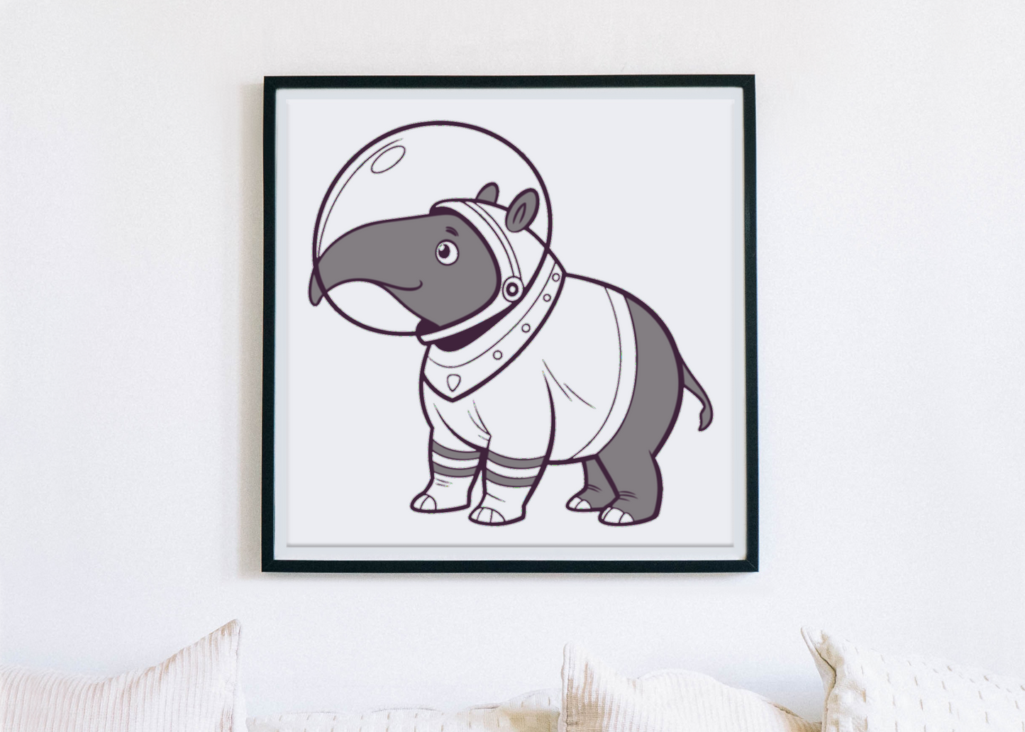 Cadre décoré avec un tapir astronaute minimaliste en quête d'une aventure cosmique
