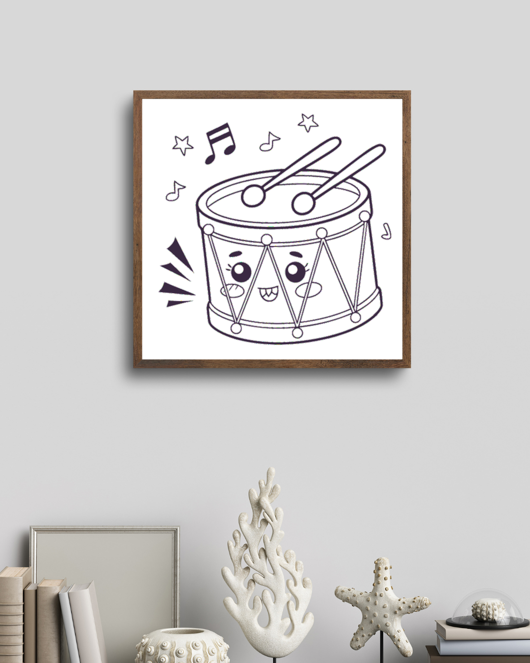 Bébé tambour kawaii encadré pour une décoration murale amusante et douce.