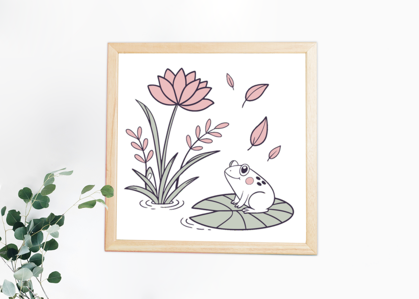 Cadre avec grenouille kawaii sur nénuphar, style léger et nature vivante