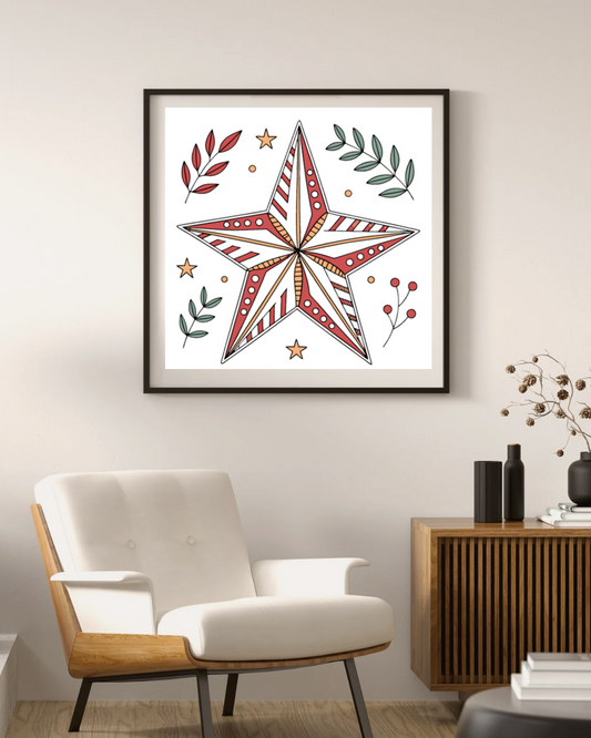 Cadre décoratif affichant une étoile de Noël festive sur fond feuillu