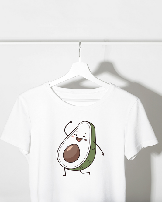 T-shirt avec avocat dansant joyeux, style mignon sur fond clair