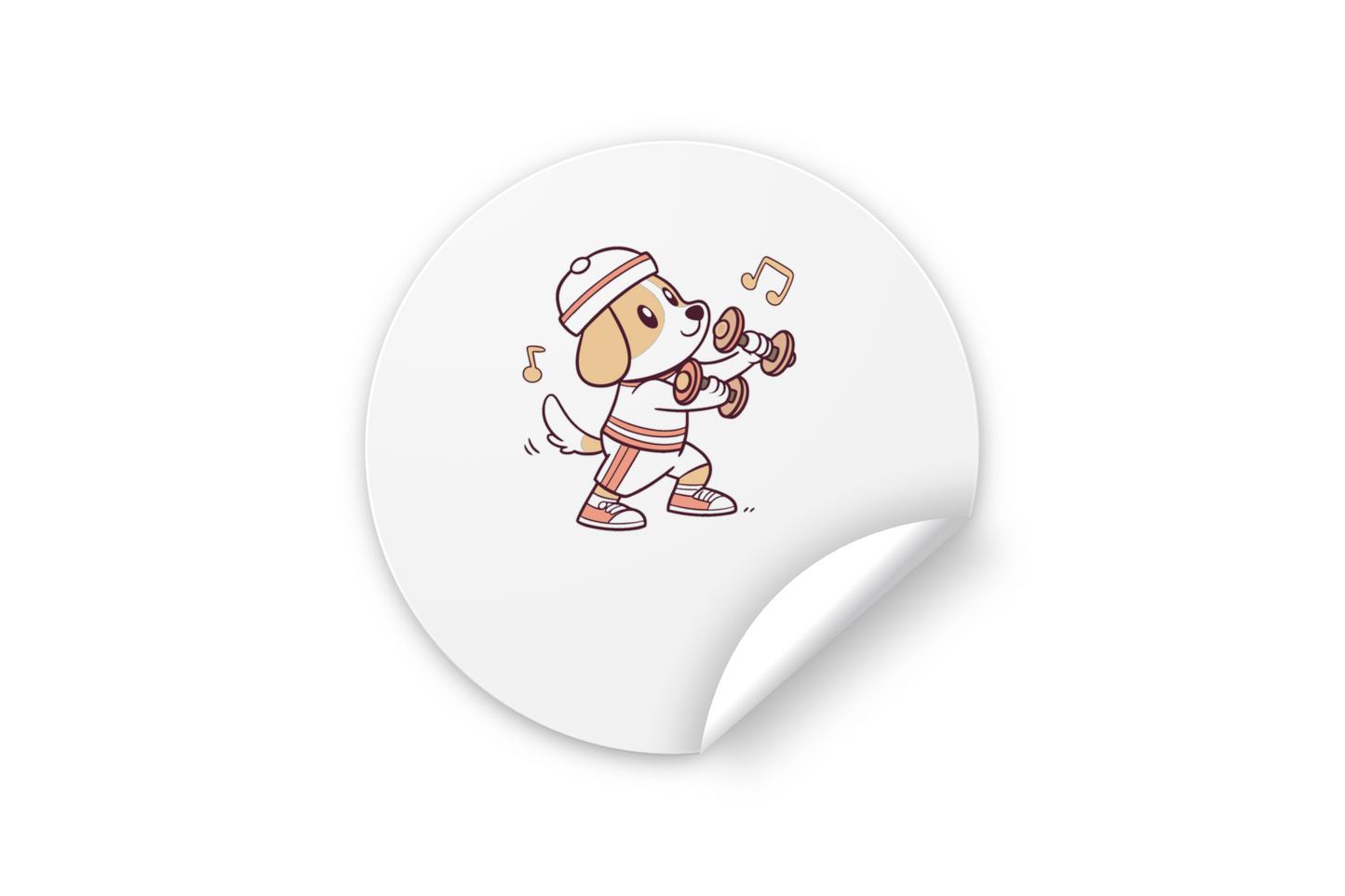 Sticker avec un chien musclé cartoon dans un thème fitness, fond blanc