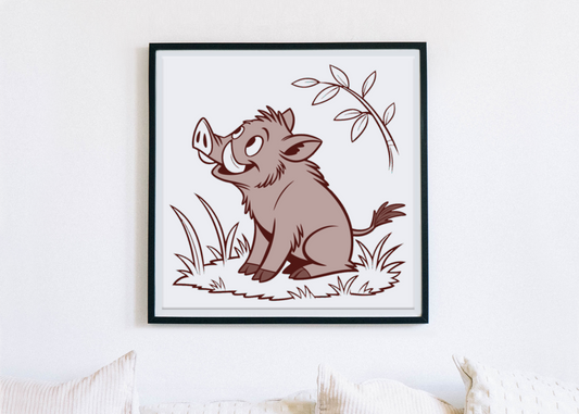 Cadre décoratif avec un sanglier joyeux en monochrome parmi les herbes forestières