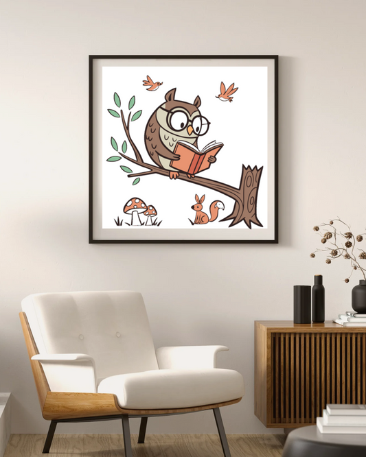 Cadre avec dessin d'un hibou attentif en style doodle nature pour décoration murale
