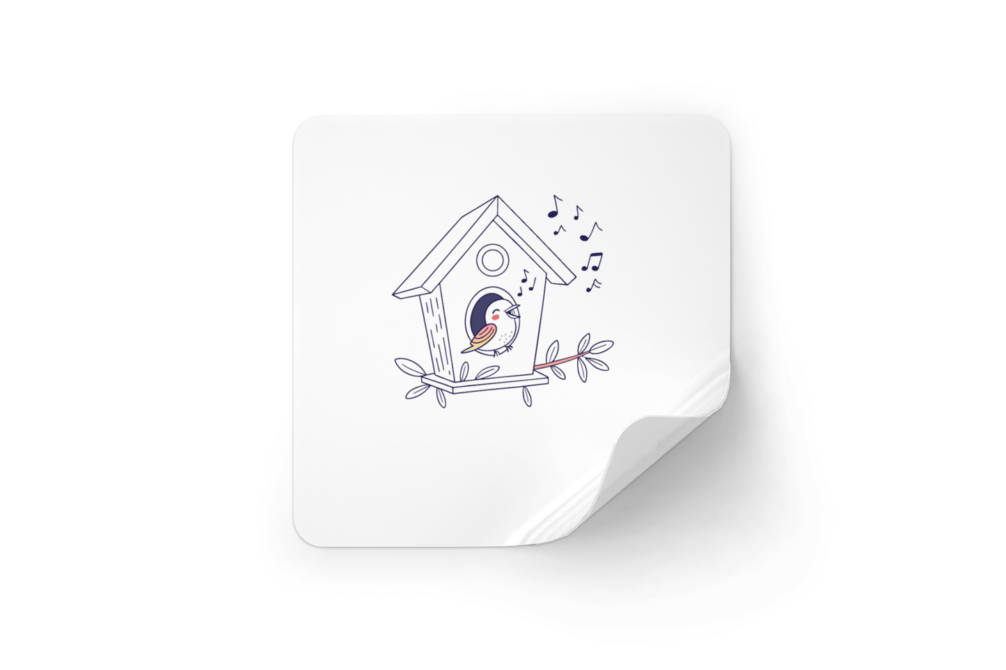Sticker avec un oiseau chantant joyeusement depuis son nichoir en doodle naturel