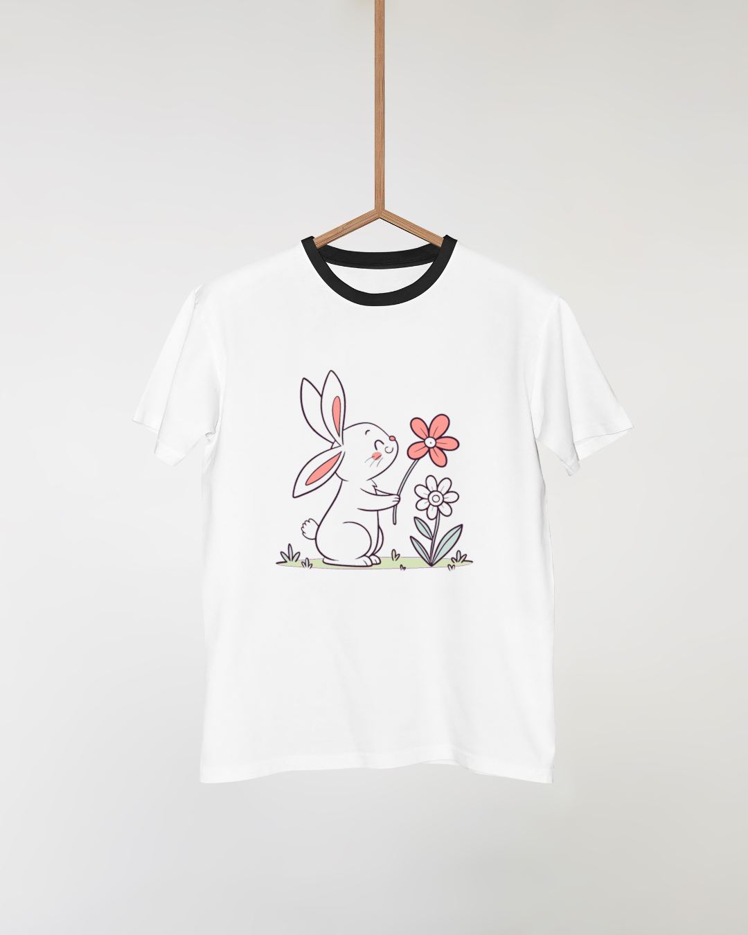 T-shirt charmant avec un lapin joyeux tenant une fleur dans un style printanier