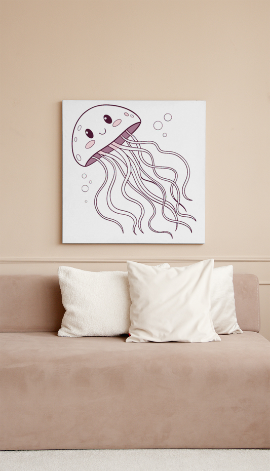 Cadre décoratif avec méduse souriante en tons pastel sur fond océanique apaisant