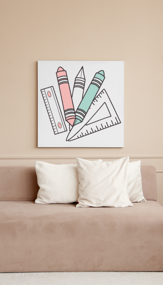 Cadre décoratif avec crayons et règles stylisés, papeterie créative colorée