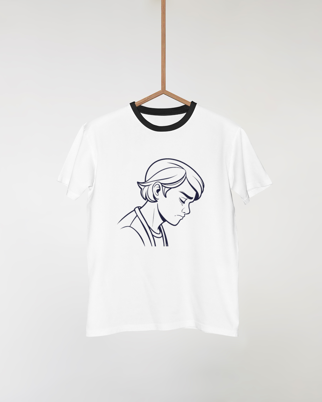 T-shirt éducatif avec dessin garçon pensif dans un style émotionnel enseignant