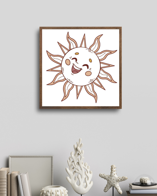 Cadre déco avec un soleil rieur en style doodle et ambiance éclat enfantin