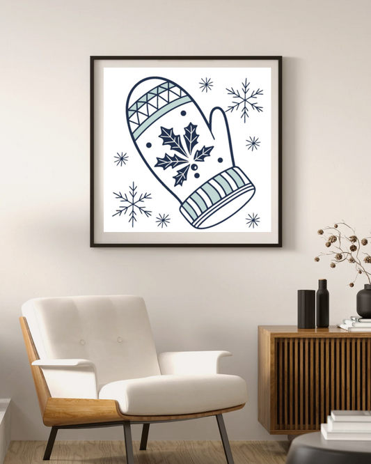 Cadre avec moufle nordique enneigée sur fond festif d'hiver