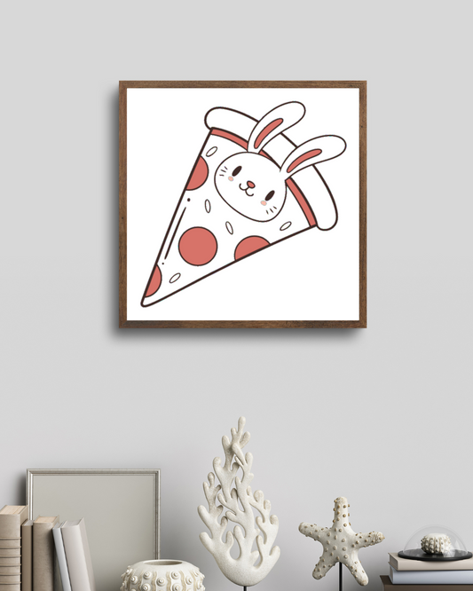 Cadre avec lapin kawaii jouant dans une pizza thème culinaire amusant