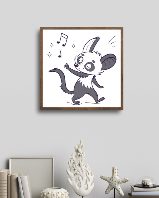 Cadre décoratif avec lémurien dansant style doodle sur fond musical