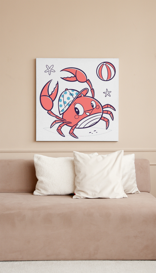 Cadre été décoratif avec un crabe joueur et des couleurs vives sur la plage