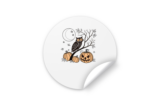 Sticker avec hibou curieux sur citrouille, ambiance mystérieuse et festive pour Halloween