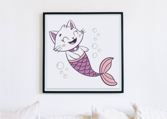 Cadre décoratif avec chat sirène heureux, style marin et ambiance kawaii