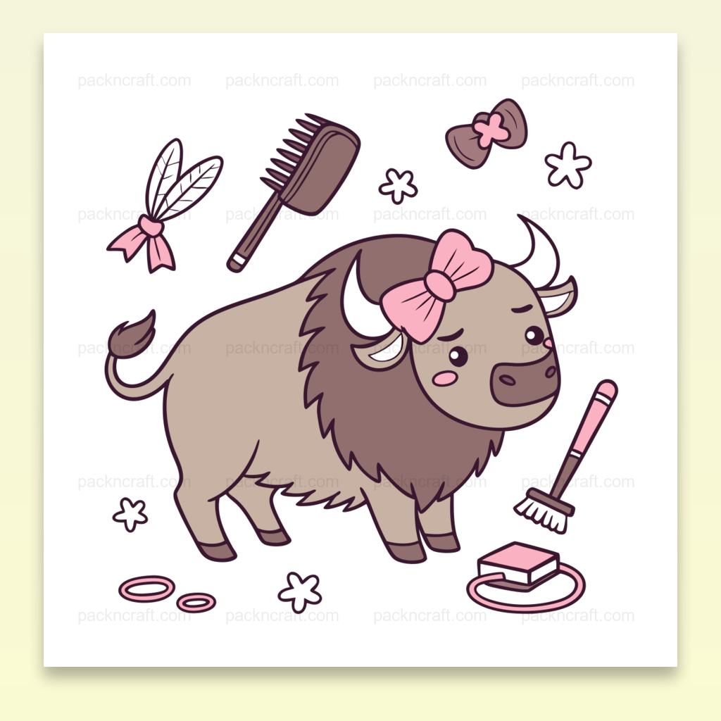 Illustration kawaii d'un bison coquet avec accessoires de beauté, parfaite pour décoration et projets DIY.
