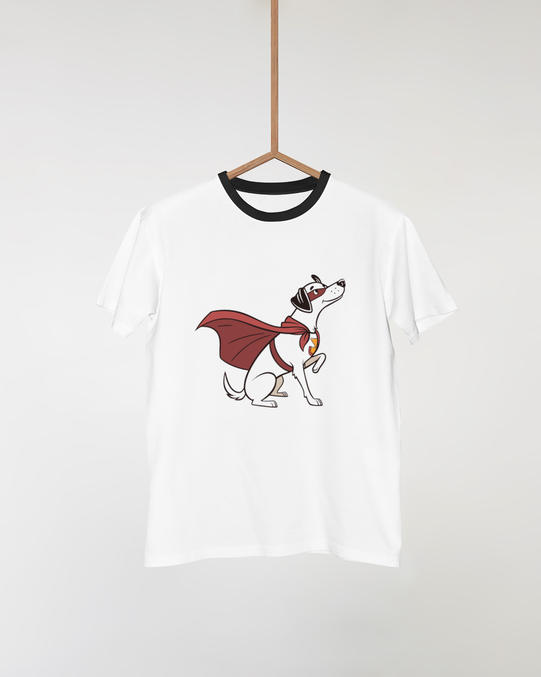 Visuel minimaliste d'un t-shirt avec un chien super-héros courageux stylisé en bleu