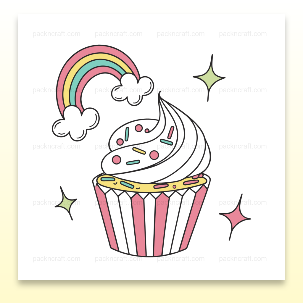 Illustration d'un cupcake arc-en-ciel joyeux en style pastel, parfait pour papeterie et DIY