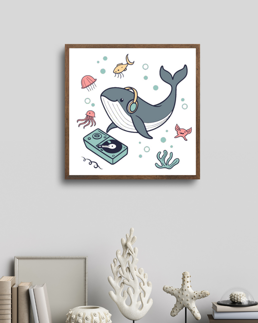 Cadre avec dessin vectoriel amusant d'une baleine DJ dans une aventure musicale