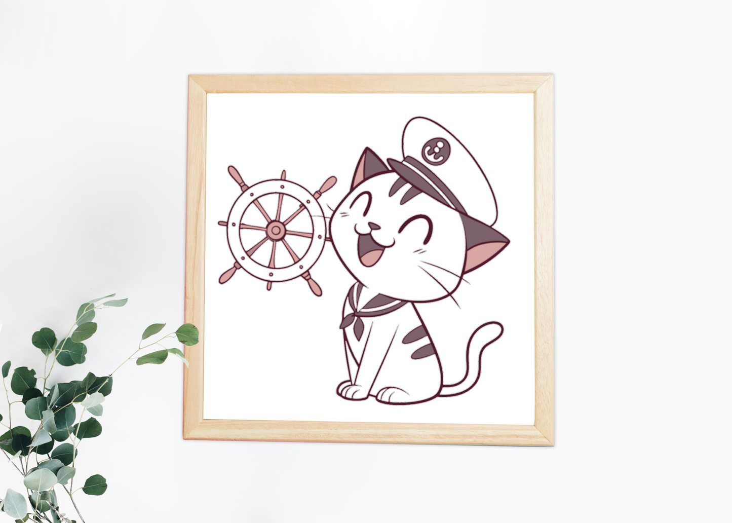 Cadre avec chat marin stylisé en vecteur dans un décor nautique apaisant