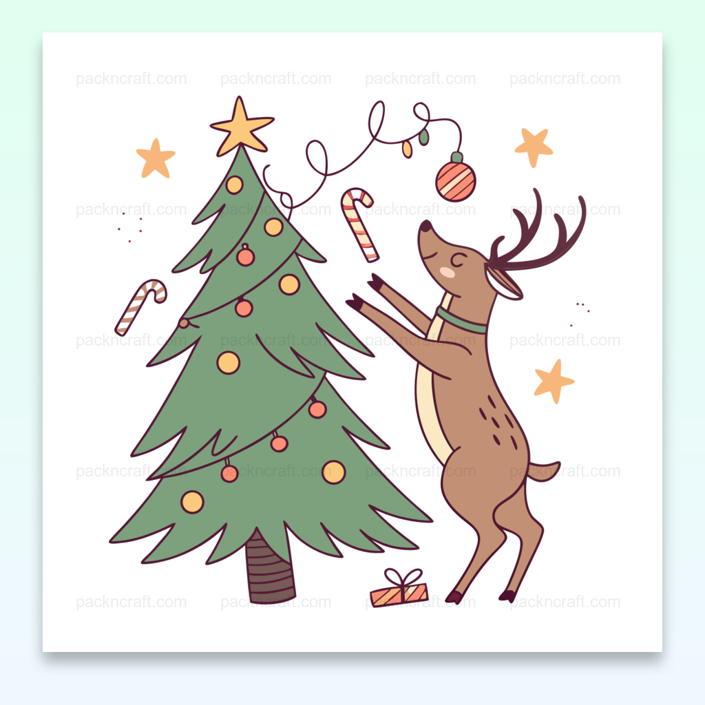 Dessin de renne joyeux et sapin de Noël, parfait pour décorations et projets créatifs.