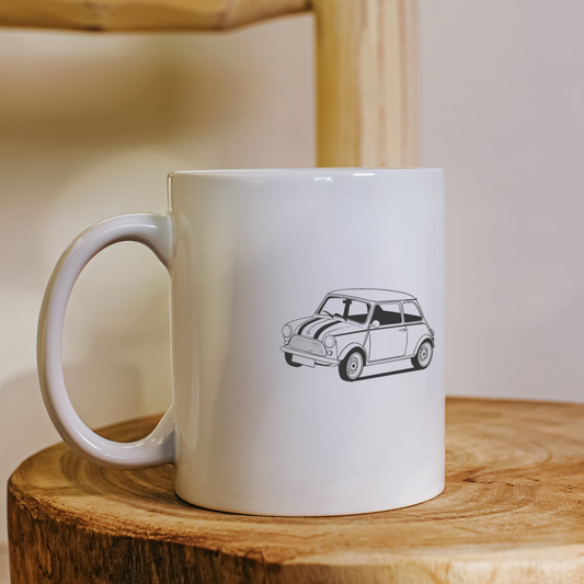 Mini Cooper rétro stylisée sur tasse à café