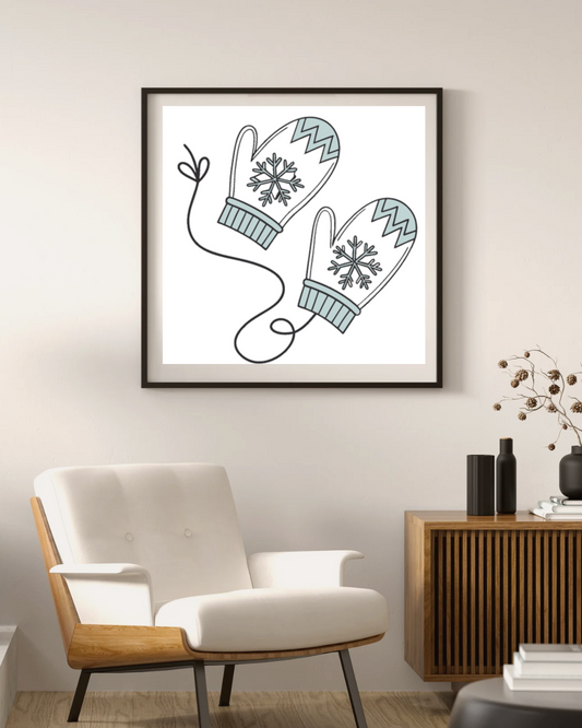Cadre avec moufles enneigées minimalistes, parfait pour un hiver douillet élégant