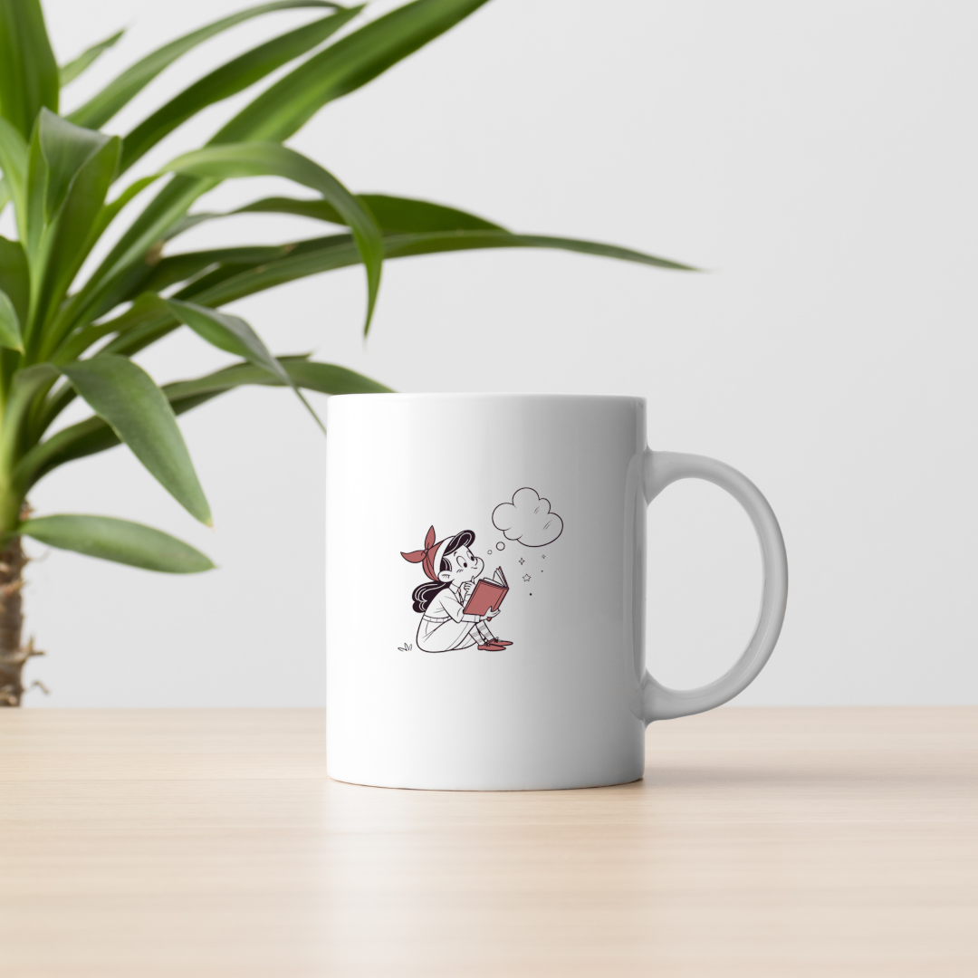 Mug avec motif rétro d'une fille rêveuse lisant dans un style imaginaire rétro