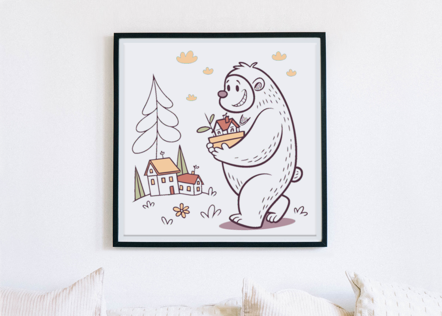 Cadre avec doodle d'un ours portant des maisons, style forestier amical et moderne