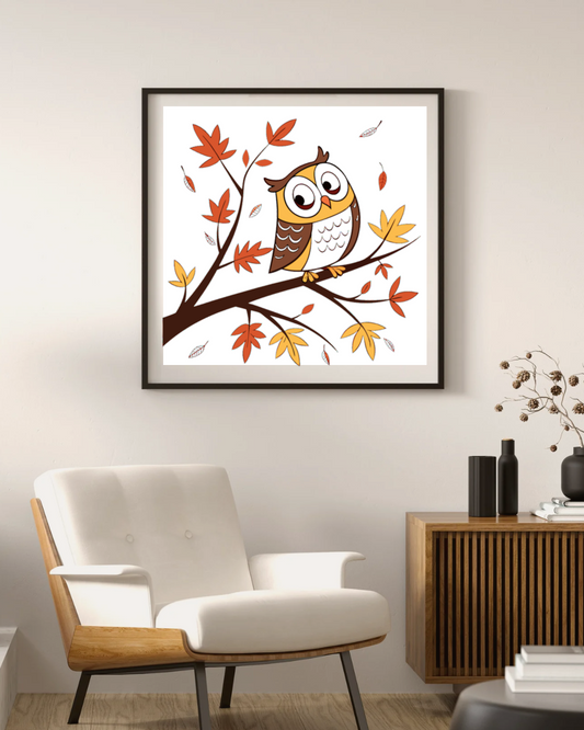 Cadre avec chouette adorable perchée dans un style automnal chaleureux