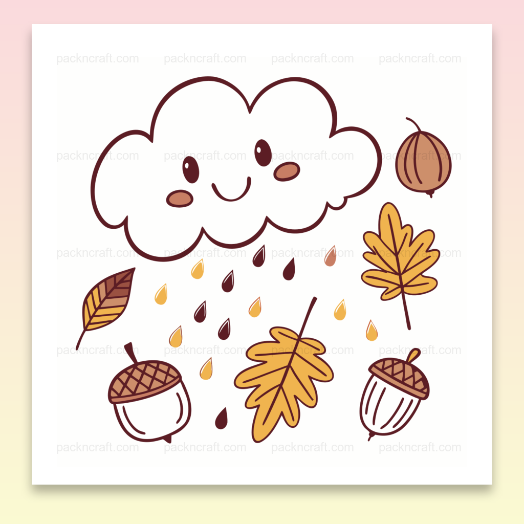 Nuage souriant avec feuilles d'automne, illustration kawaii pour projets créatifs