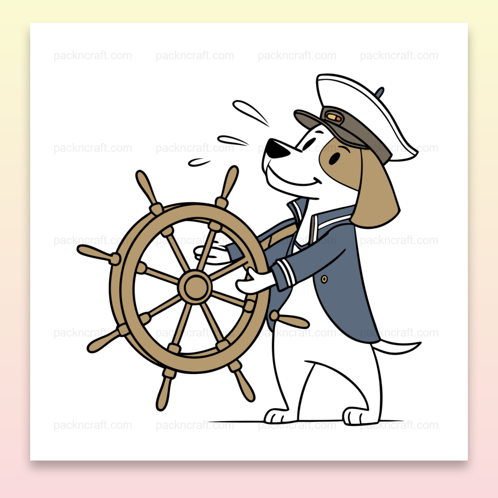 Illustration d'un chien capitaine à la barre en style cartoon, idéale pour DIY nautique.