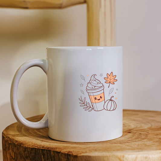 Mug avec icône latte souriante ambiance automnale douce