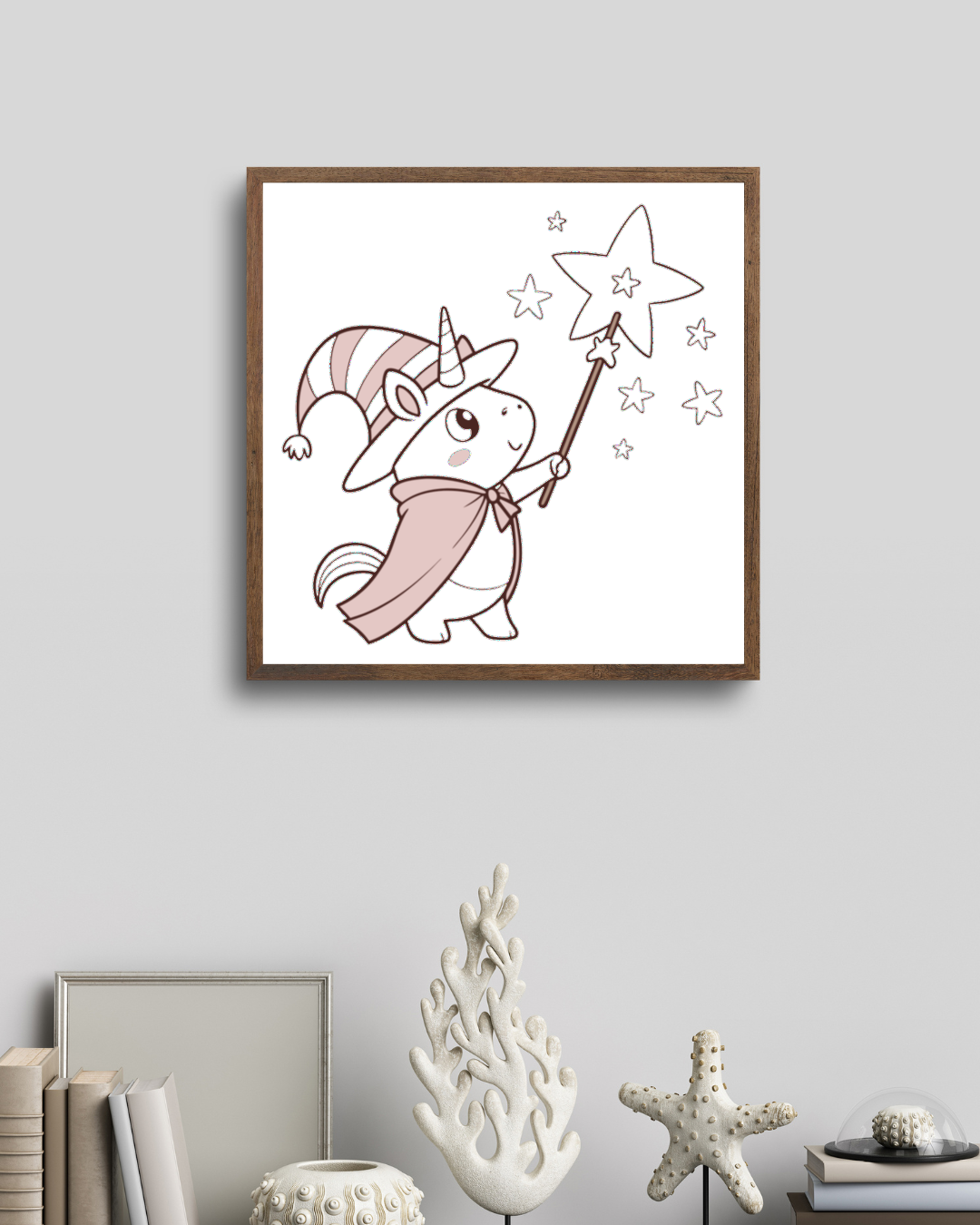 Cadre décoratif avec licorne magicienne et étoile, style vectoriel féérique kawaii