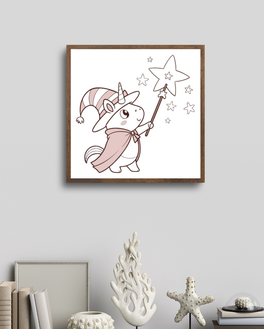 Cadre décoratif avec licorne magicienne et étoile, style vectoriel féérique kawaii