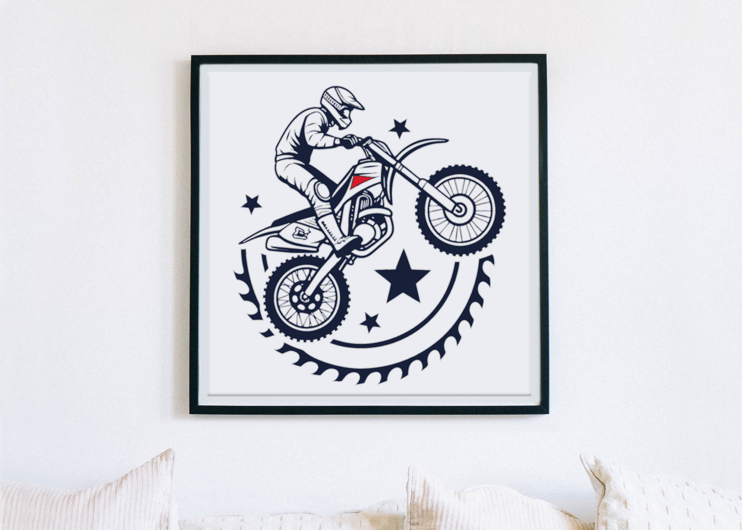 Cadre déco avec motard stylisé, dynamique et plein d'énergie, idéal pour passionnés