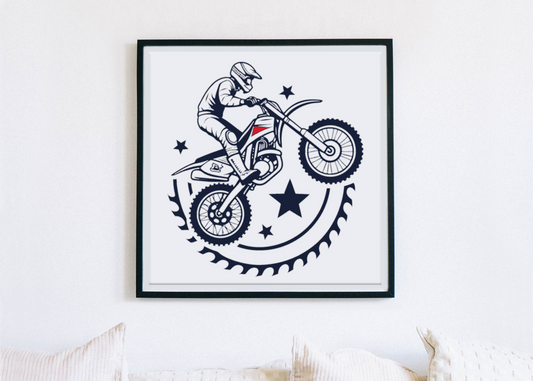 Cadre déco avec motard stylisé, dynamique et plein d'énergie, idéal pour passionnés