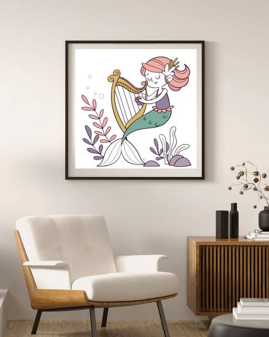 Cadre décoratif abritant une sirène avec harpe dans un thème océanique rêveur