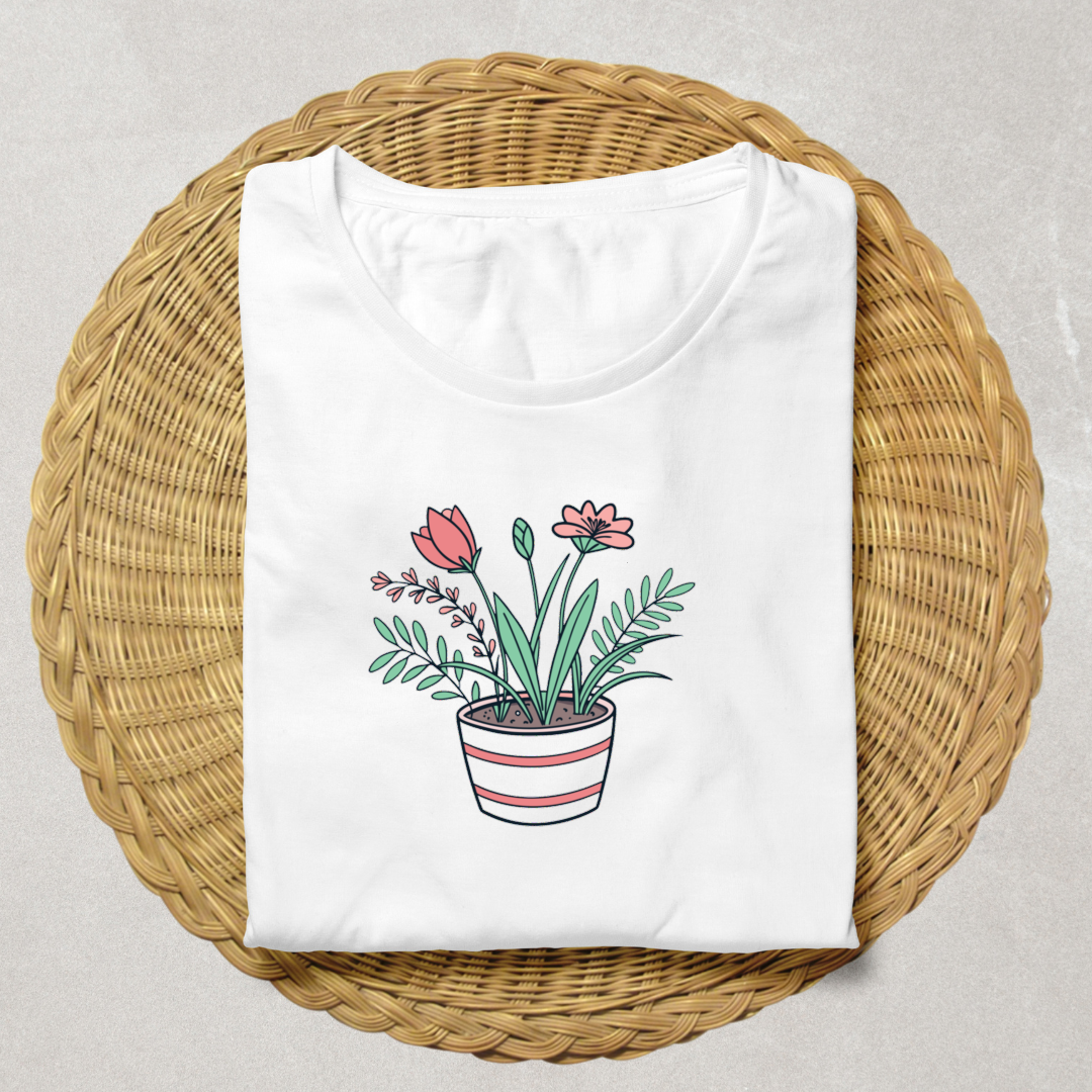 T-shirt vibrant avec fleurs printanières en pot style jardin couleur vectorielle