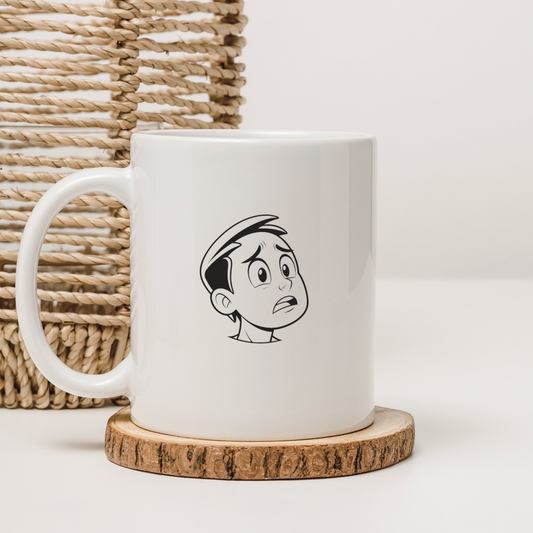 Mug avec motif Doodle Garçon Inquiet sur fond blanc simple et émotionnel