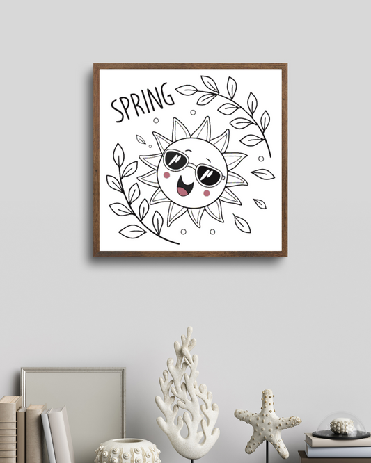 Cadre avec icône de soleil souriant portant des lunettes ambiance joviale et printanière