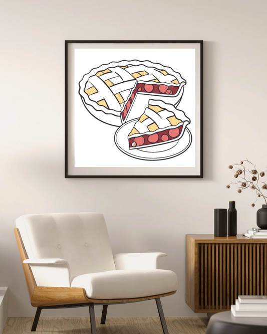 Cadre avec visuel coloré représentant une tarte aux cerises partiellement tranchée