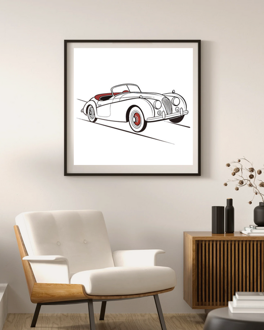 Illustration Jaguar XK120 rétro en cadre moderne, Motif Jaguar XK120 sur chemise vintage, SVG Jaguar XK120 pour usage artistique, Élégante Jaguar XK120 sur mug de collection, Sticker Jaguar XK120 pour passionnés auto