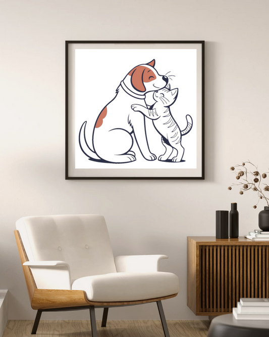 Cadre décoratif style amical avec chien et chat tendrement enlacés