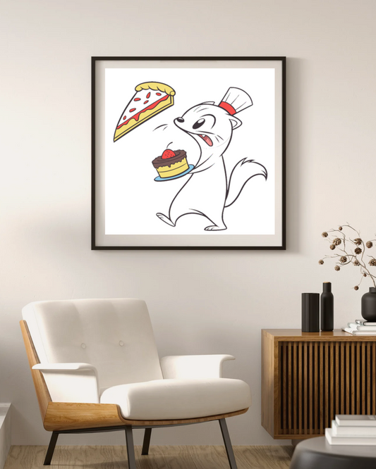 Cadre avec belette étonnée tenant un gâteau, design humoristique et moderne