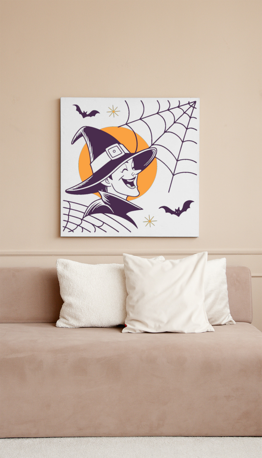 Cadre au style vintage, sorcier souriant, ambiance Halloween amusante