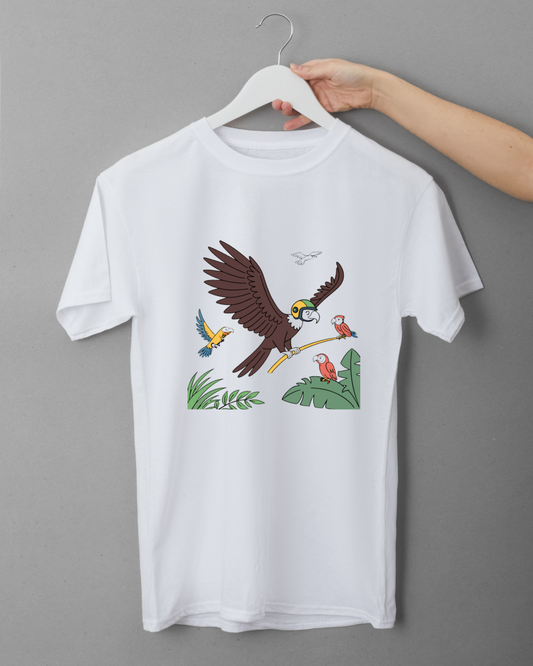 T-shirt tropical exhibant un perroquet casqué en vol dans un style doodle élégant