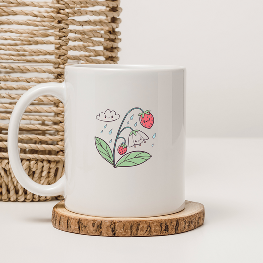 Mug décoré d'une fraise et d'un nuage rieur au style kawaii et printanier